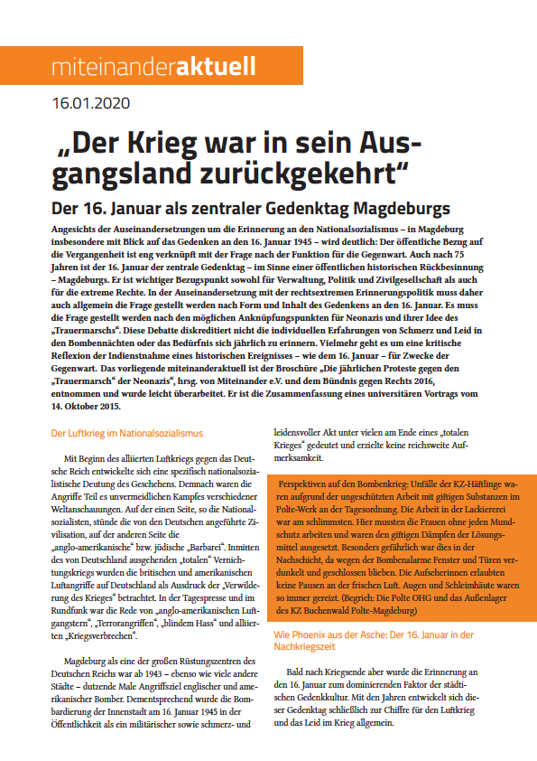 Cover page miteinanderaktuell on the history of the commemoration of January 16 in Magdeburg