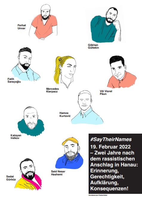 Plakat zum zweiten Jahrestags der rassistischen Morde in Hanau am 19. Februar 2022