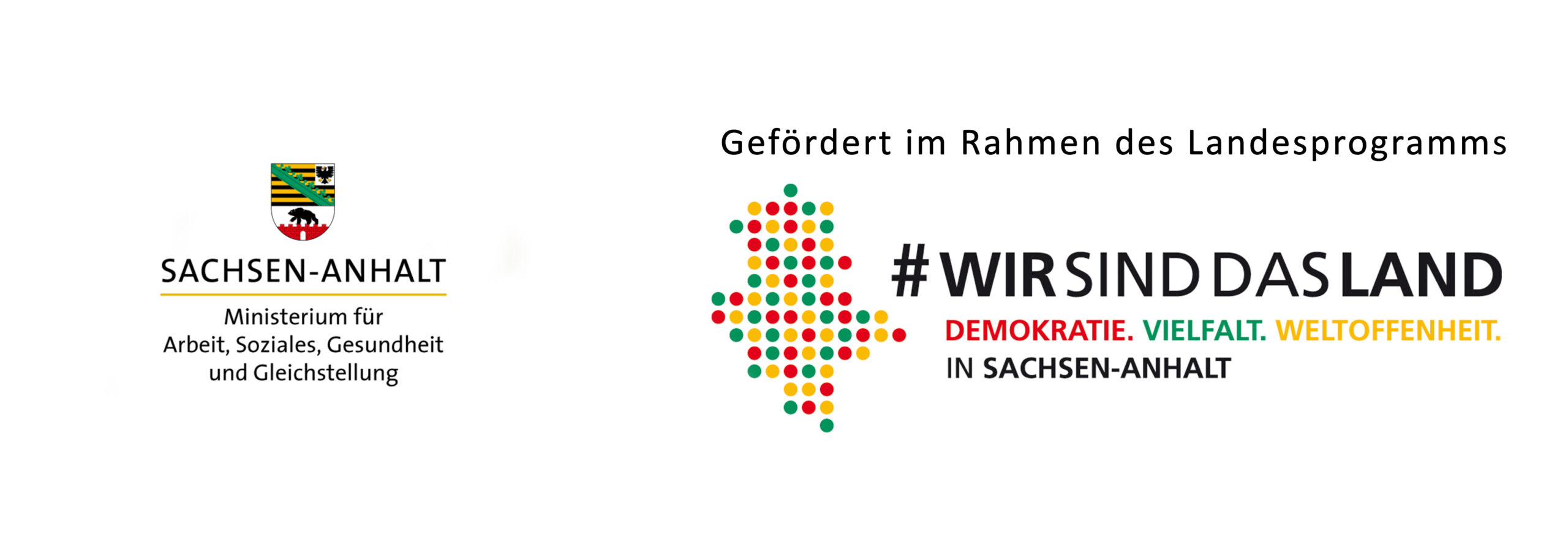 Doppellogo Ministerium für Arbeit, Soziales, Gesundheit und Gleichstellung sowie Logo Landesprogramm für Demokratie