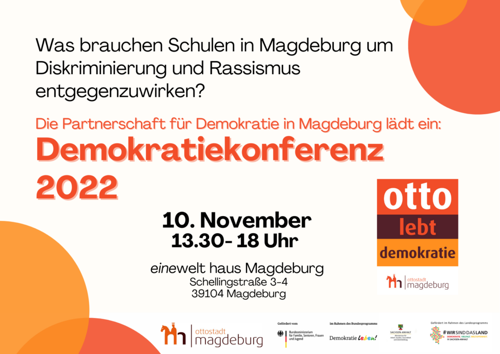 Ankündigung der Demokratiekonferenz der PfD Magdeburg 2022 am 10.11.2022 im einewelt haus Magdeburg