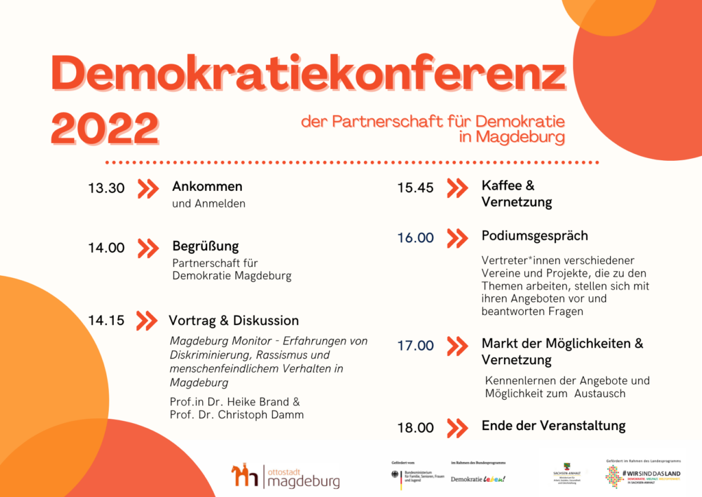 Programm der Demokratiekonferenz der PfD Magdeburg 2022:
Beginn ab 13.30 Uhr