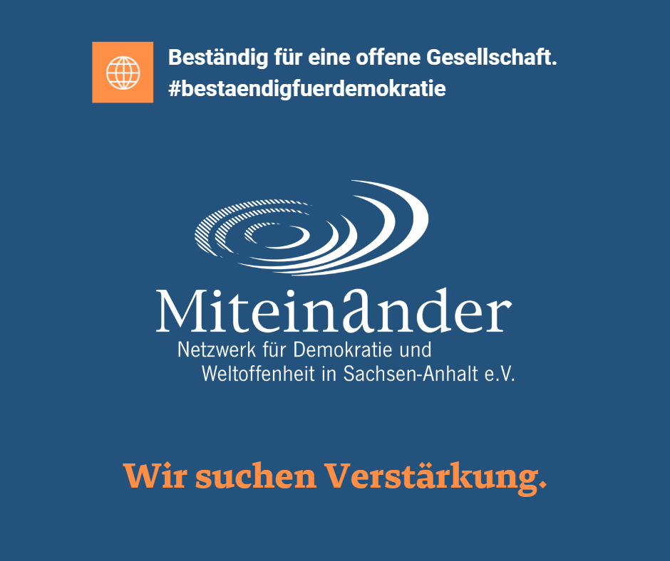 Grafik mit dem Logo von Miteinander e.V. und dem Hinweis: "Wir suchen Verstärkung".