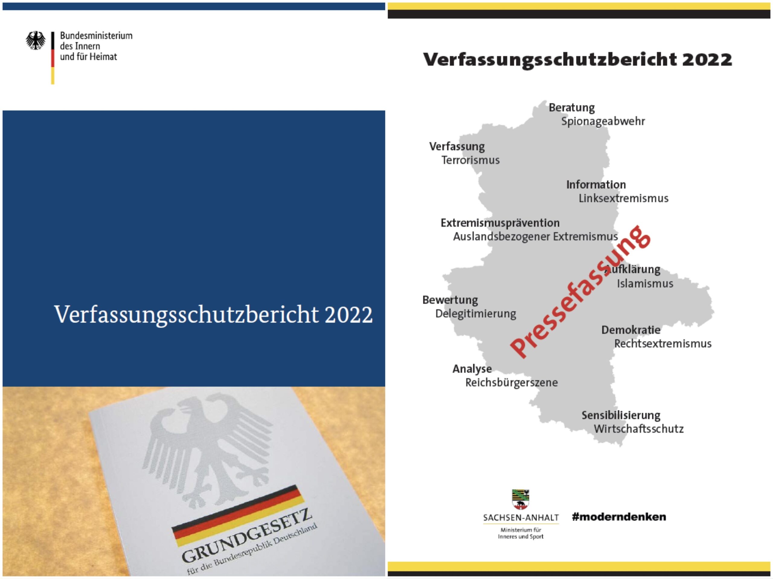 Cover der Verfassungsschutzberichte von Bund und Sachsen-Anhalt 2022