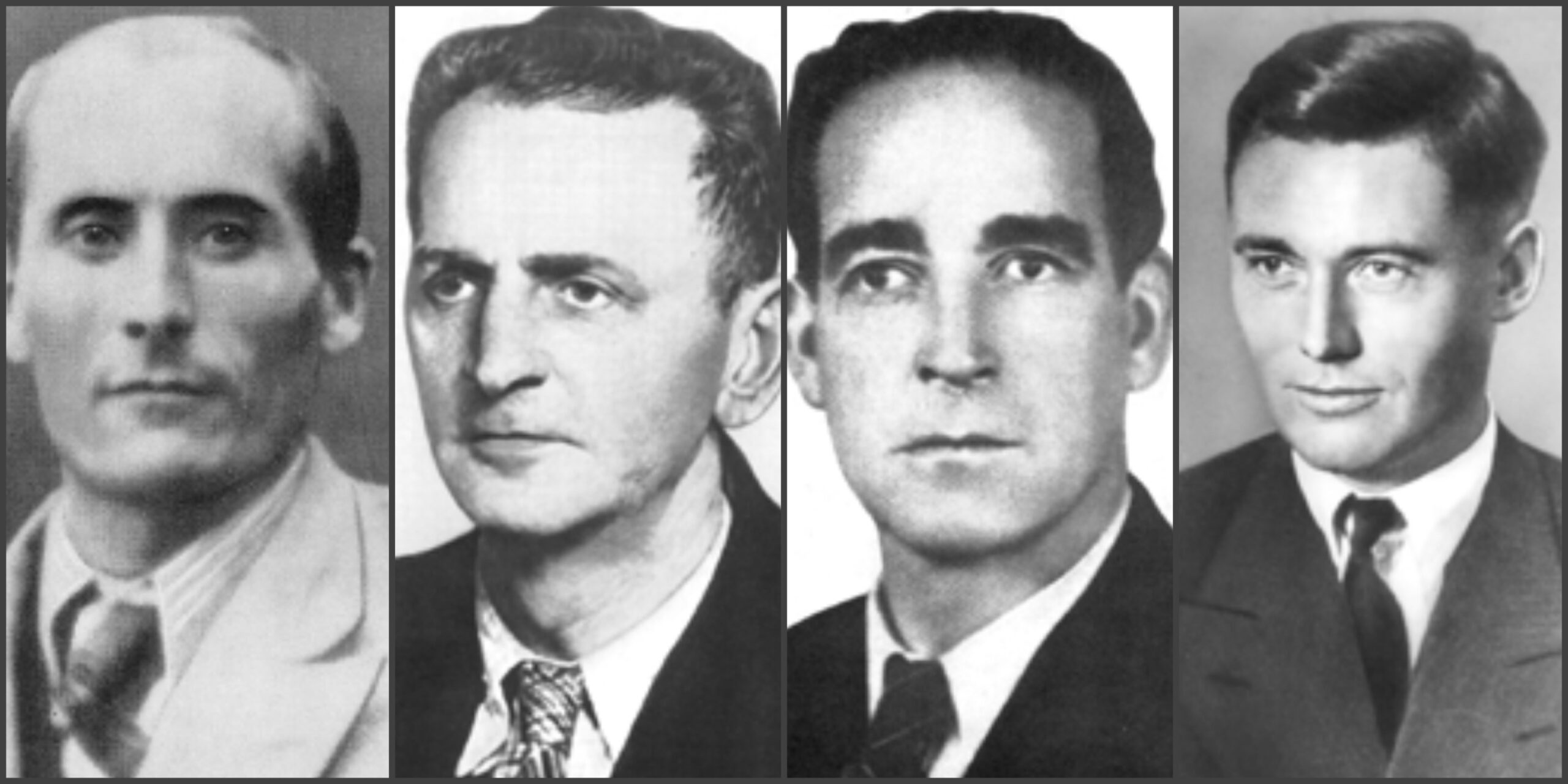 Schwarz-Weiß-Porträts von vier Männern im Anzug.