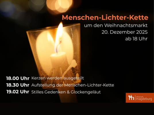 Bild einer brennenden Kerze. dazu der Text: Menschen-Lichter-Kette im den Weihnachtsmarkt. 20. Dezember 2025, ab 18 Uhr